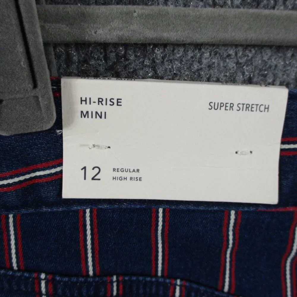 American Eagle Skirt Womens 12 Blue Red Striped Denim Jean Mini Stretch Raw Edge - Picture 3 of 13